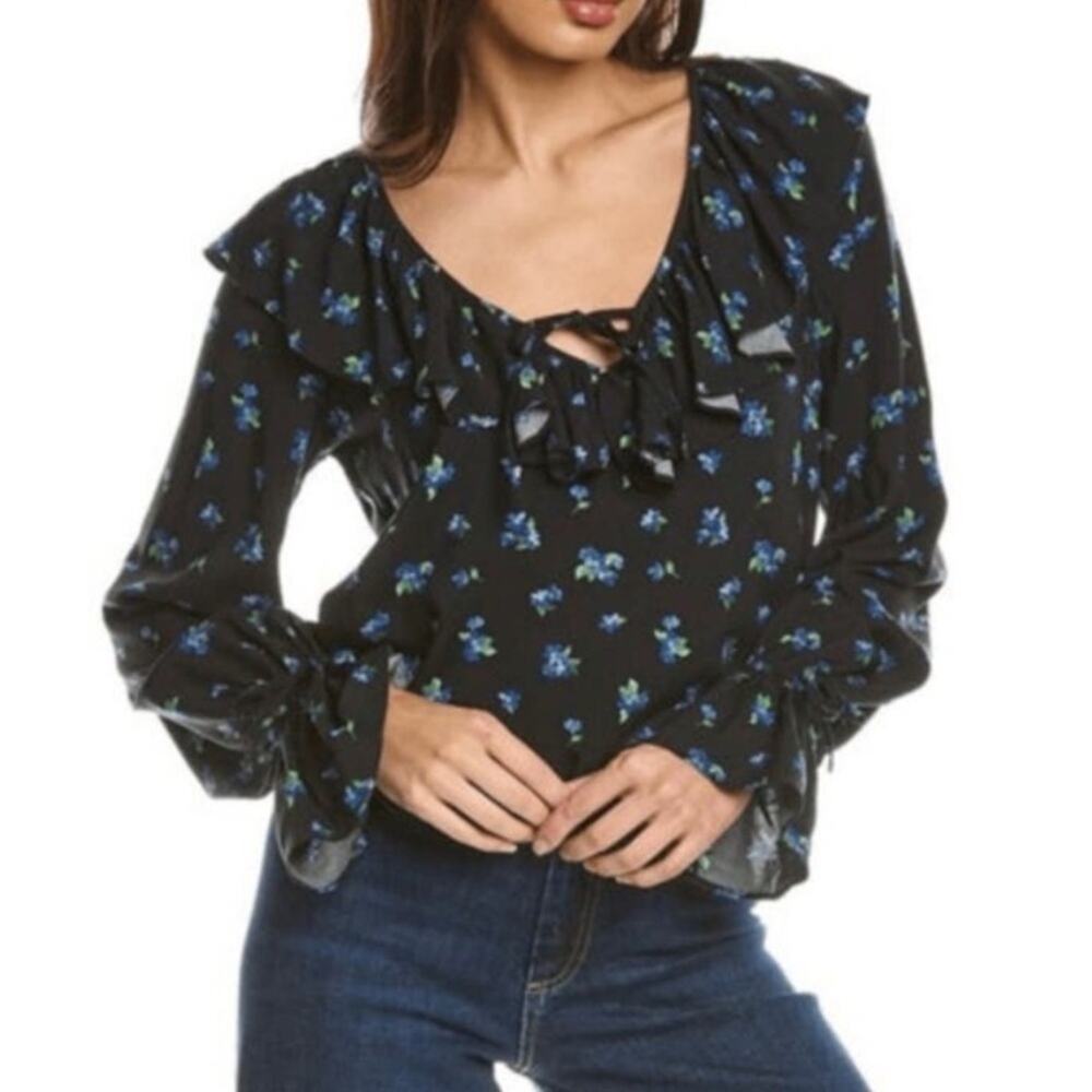 WeWoreWhat Women's Floral Print Ruffle Blouse Watercolor Ditsy Black Multi Sz L